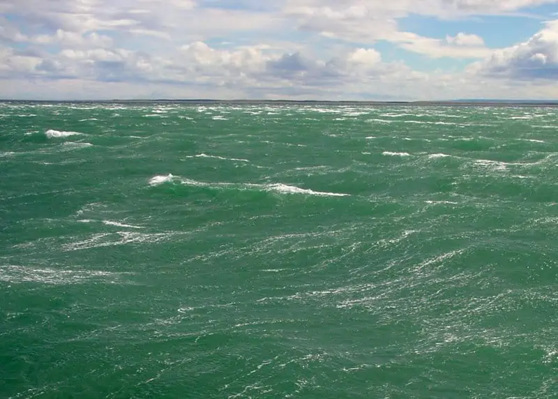 The Straits of Magellan whipped by a 60 mph wind on a sunny day