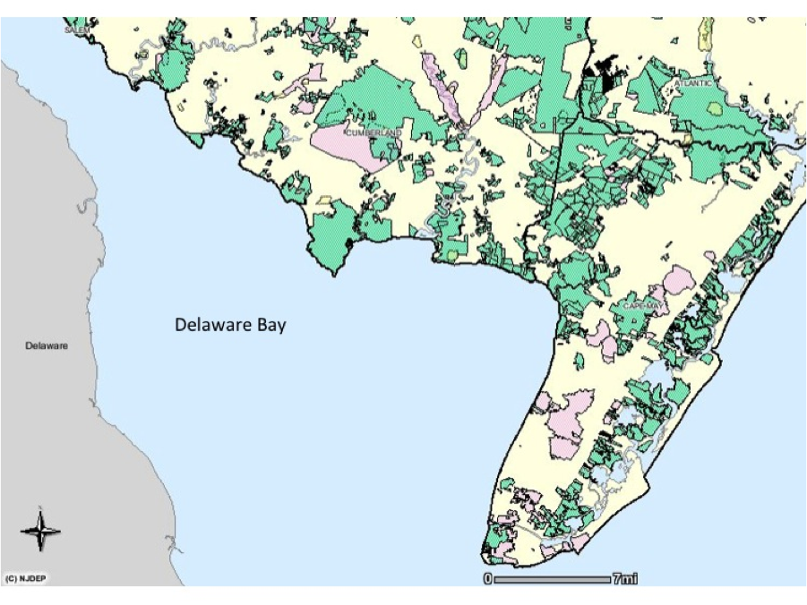 A map lifted from NJ DEP IMAP showing just the state owned public lands on Delaware Bay. The State only pays in lieu of lost property taxes for fifteen years on a diminishing scale, eventually paying nothing.