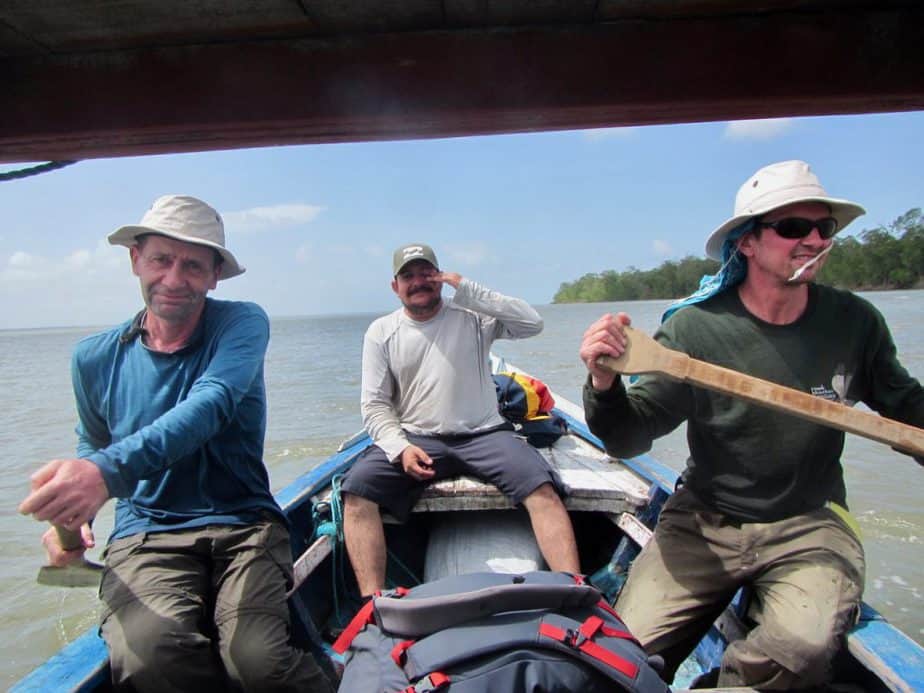 Yann and Christophe paddle our boat back to port after the engine failed.