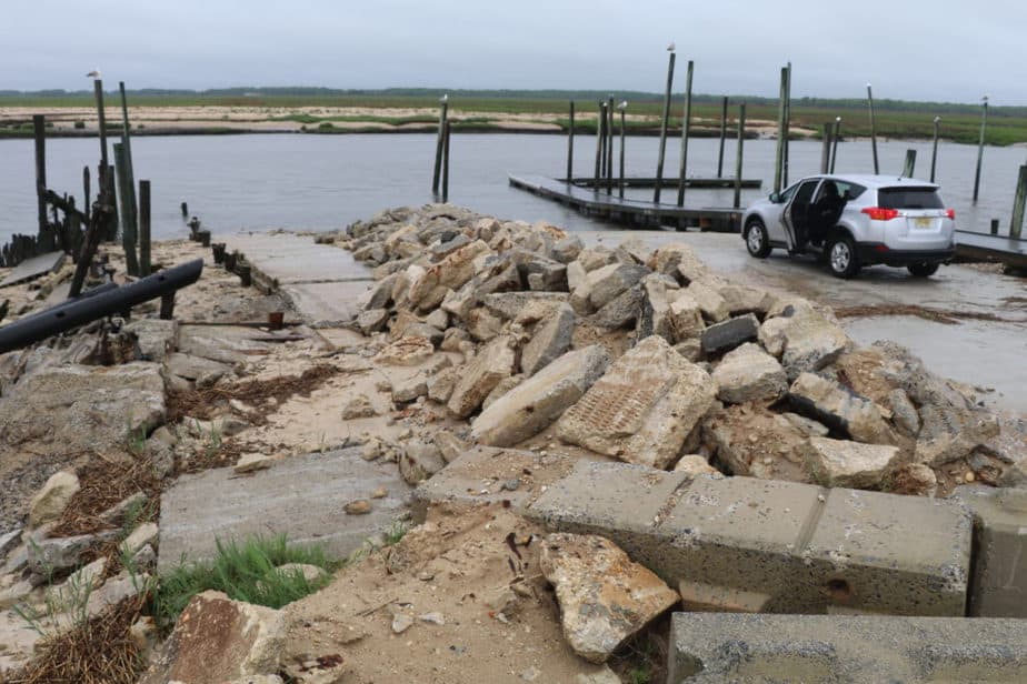 showing a damaged boat ramp on Delaware Bay
